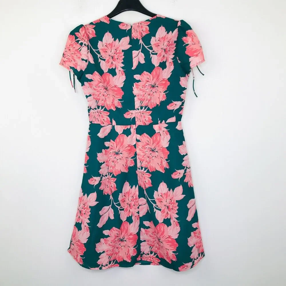 J Crew Mercantile Women's 00 Dress Green Pink Floral Tie-Shoulder A-Line CJ4